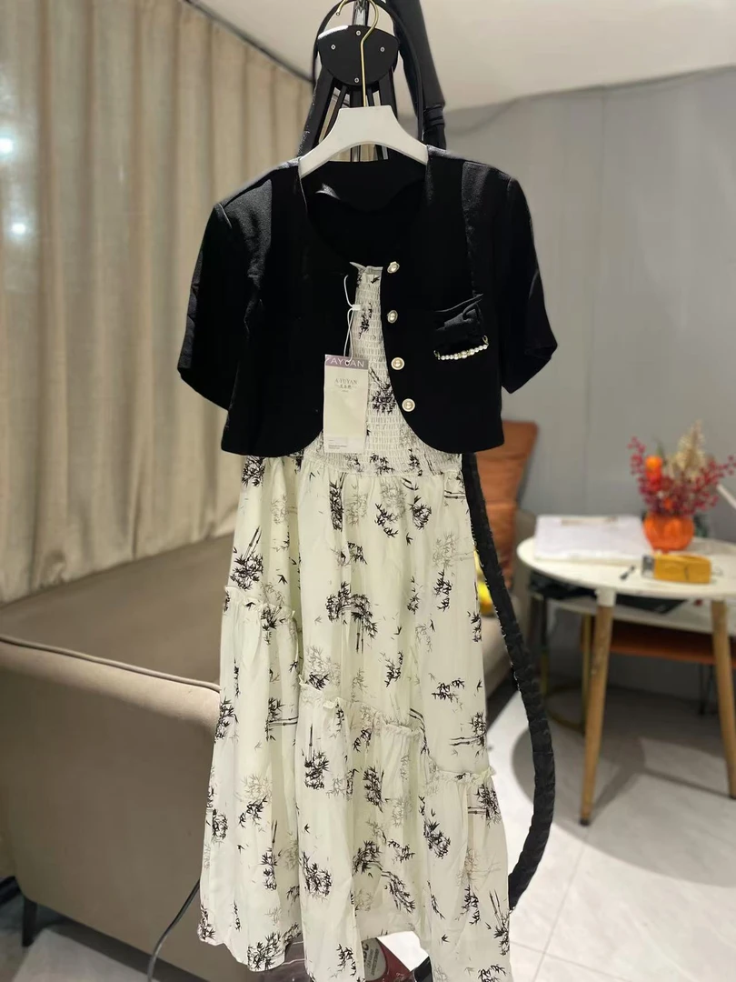 短袖A35#口袋链条吊带裙两件套套装