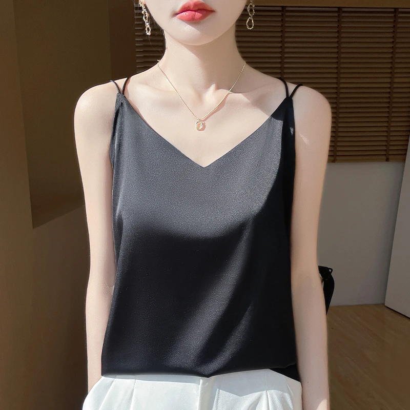 【现货宠粉】新款吊带背心女无袖醋酸缎面夏季纯色打底短款上衣薄款