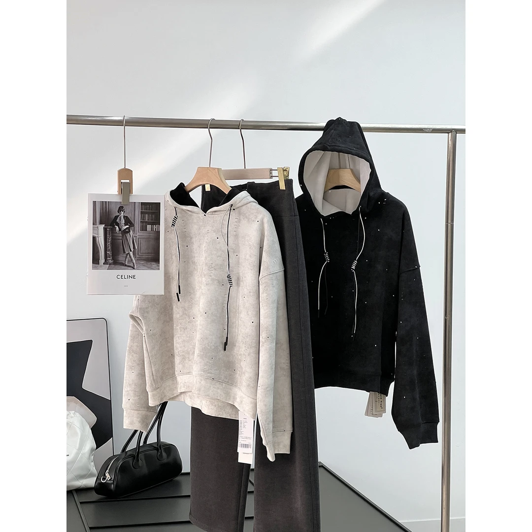 重磅款！美式潮牌复古慵懒风 星星破洞设计加绒厚款连帽长袖卫衣