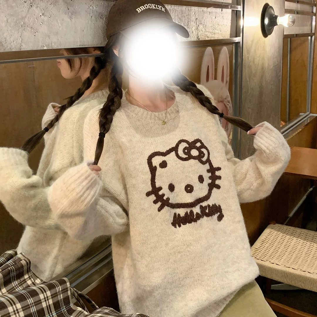 韩系奶油系卡通图案可爱风毛衣女秋冬针织衫百搭款复古提花设计感