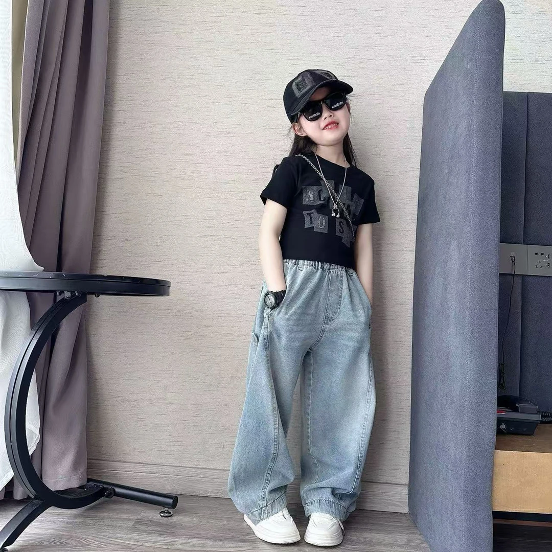 女童牛仔裤春秋2025新款洋气时尚T恤休闲哈伦裤夏季儿童长裤子