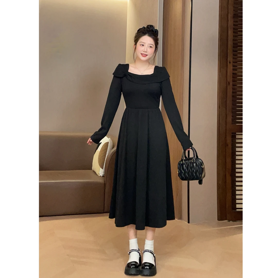 大萌萌 秋冬气质方领收腰厚款小黑裙微胖显瘦连衣裙女P225Q21830