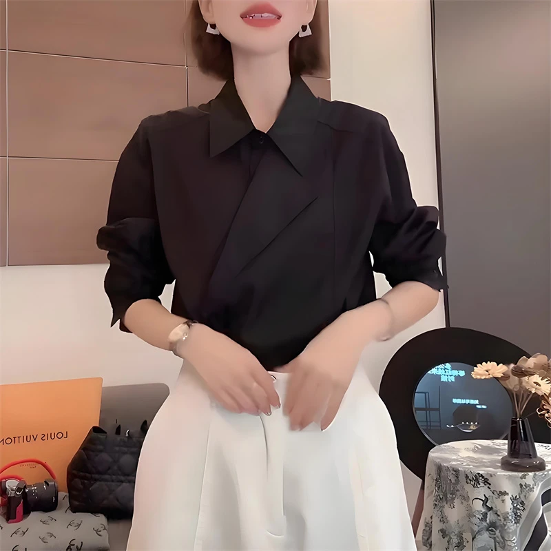 黑色长袖衬衫女2025早秋新款时尚洋气减龄宽松休闲显瘦设计感上衣