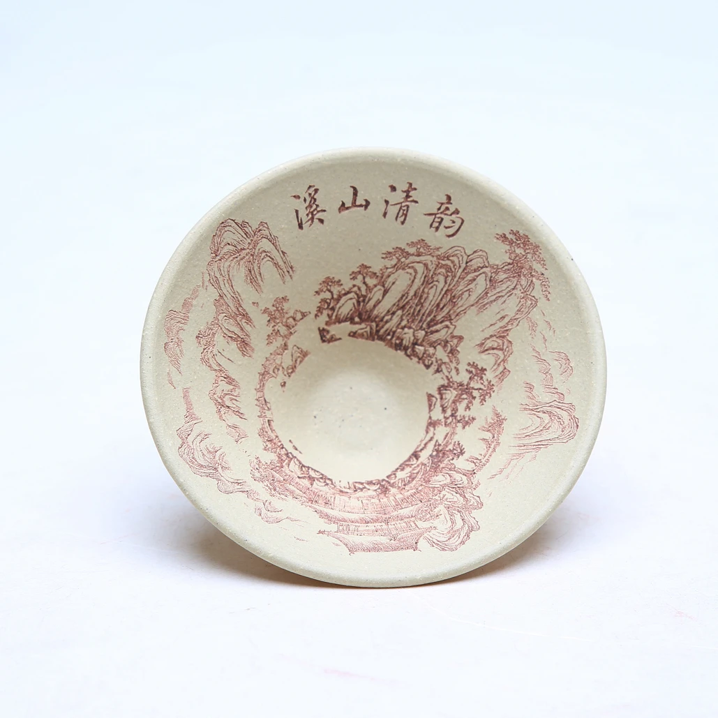 《斗笠杯》76C【0添加无碳酸钡】【墨绿泥】紫砂主人杯泥刻绘山水双色