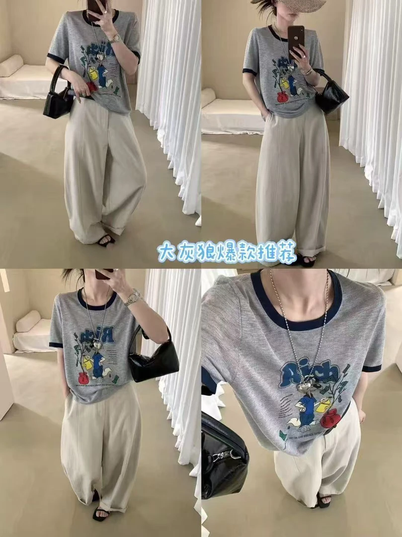 DALIANSU/大脸酥-4398   夏季设计感灰太狼印花针织短袖上衣