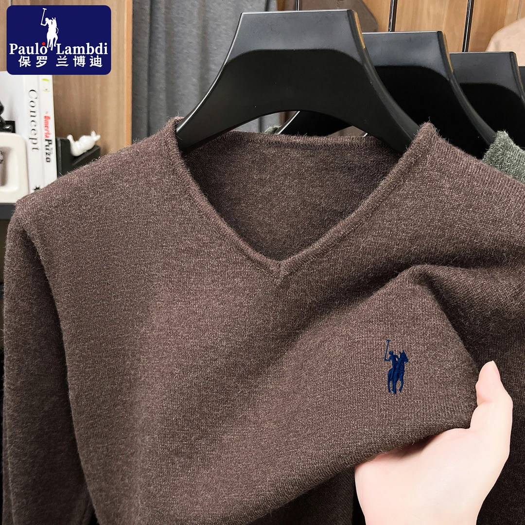 保罗秋冬季新款针织毛衣男士时尚休闲高档刺绣V领男装针织打底衫
