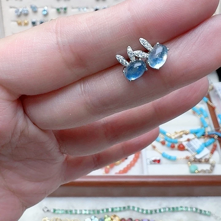 海蓝宝石耳坠银S925镶嵌耳钉