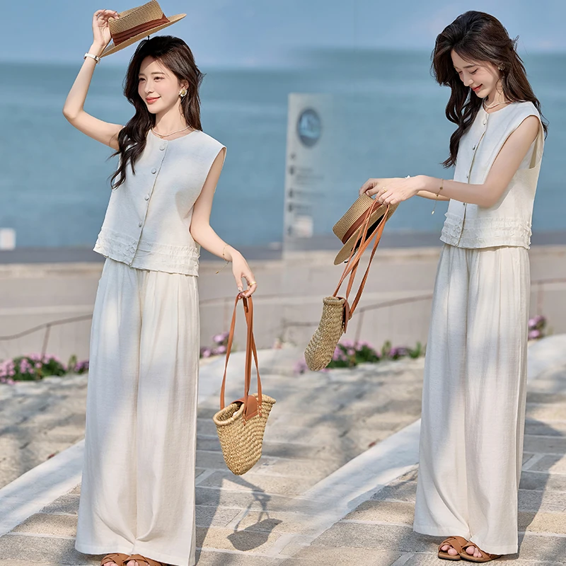 韩系穿搭慵懒休闲洋气时髦马甲套装气质上衣阔腿裤两件套夏季爆款