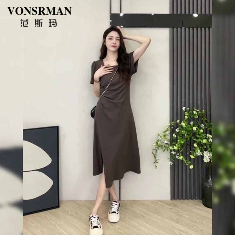 大码方领连衣裙夏季女装新款休闲显瘦开叉修身长裙设计感褶皱裙子