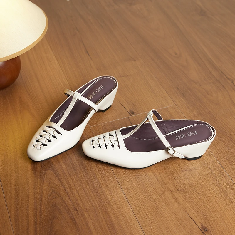 夏季新款编织包头凉拖鞋方头设计中跟舒适外穿穆勒鞋HT562