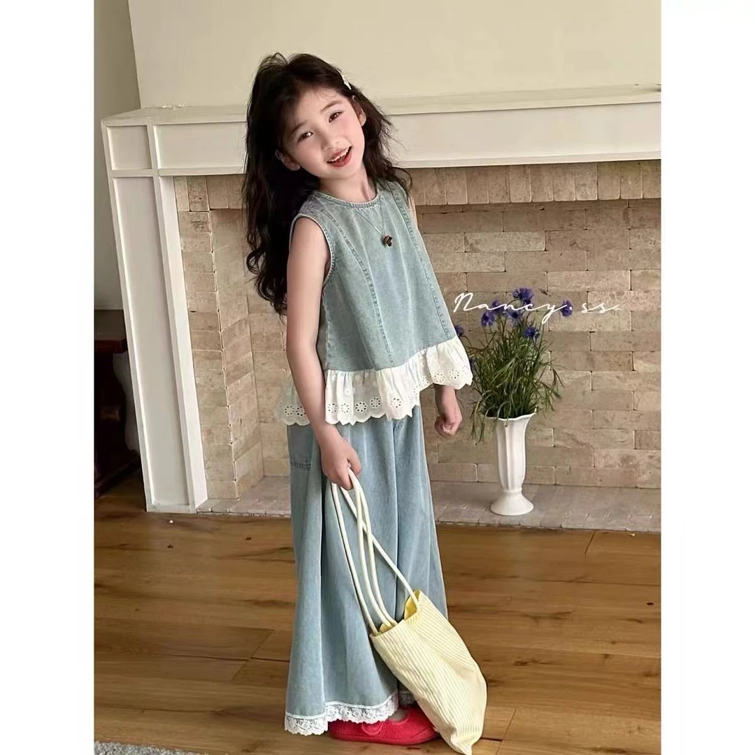 女童夏装套装2025新款儿童夏季女大童软牛仔无袖背心阔腿裤两件套