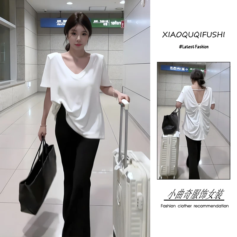 今年流行穿搭一整套2025新款韩版高级感宽松露背T恤微喇裤两件套