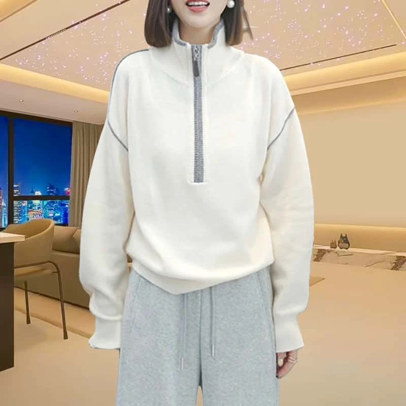 冬季宽松加厚保暖立领针织衫上衣女2024休闲百搭拼色半拉链毛衣