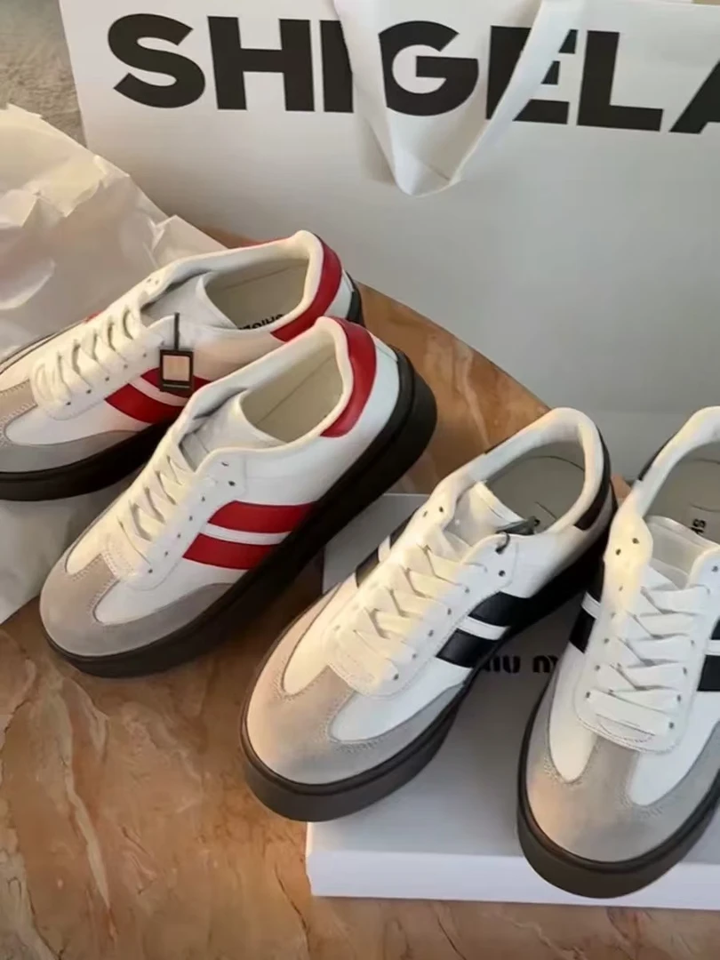 韩版拼色舒适百搭高级真皮厚底高级高货休闲鞋低帮ins系带潮流