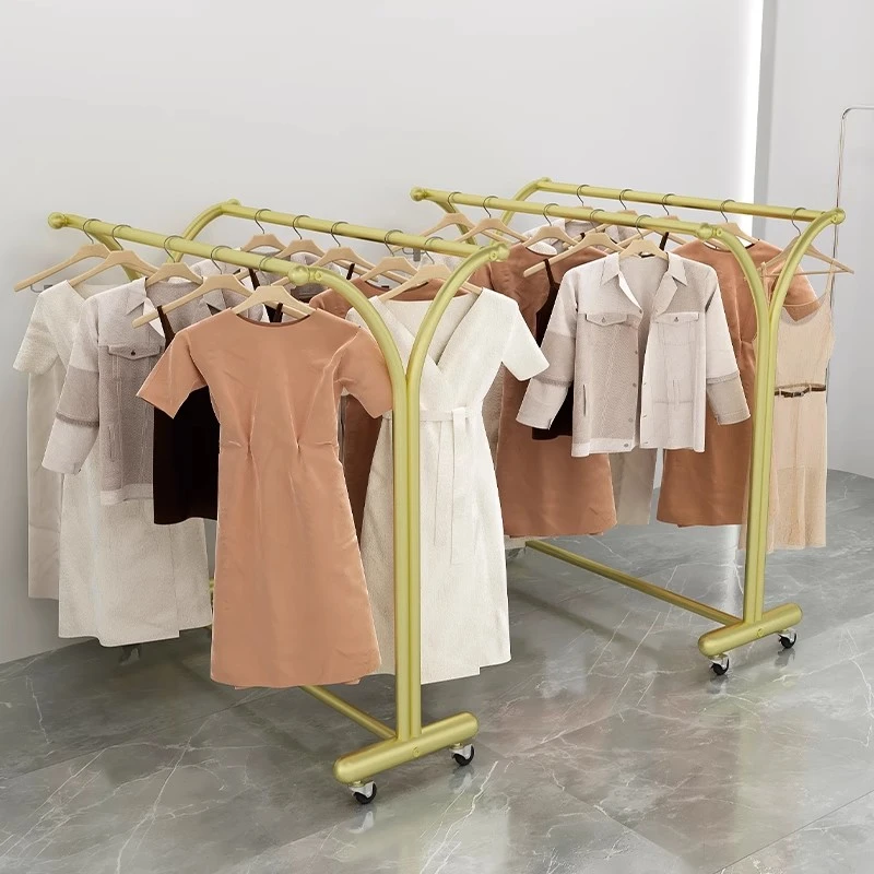 简约落地移动带滑轮展示架服装店专用中岛架女装衣架双杆陈列货架