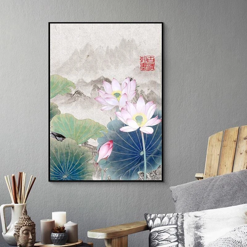 倪鸿 中式荷塘风景装饰画荷花莲花玄关背景墙蜻蜓点水仙鹤挂画