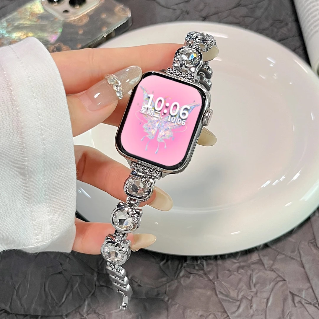 表带哥适用苹果手表S10表带金属s9镶钻猫咪se腕带iwatc新款手表带