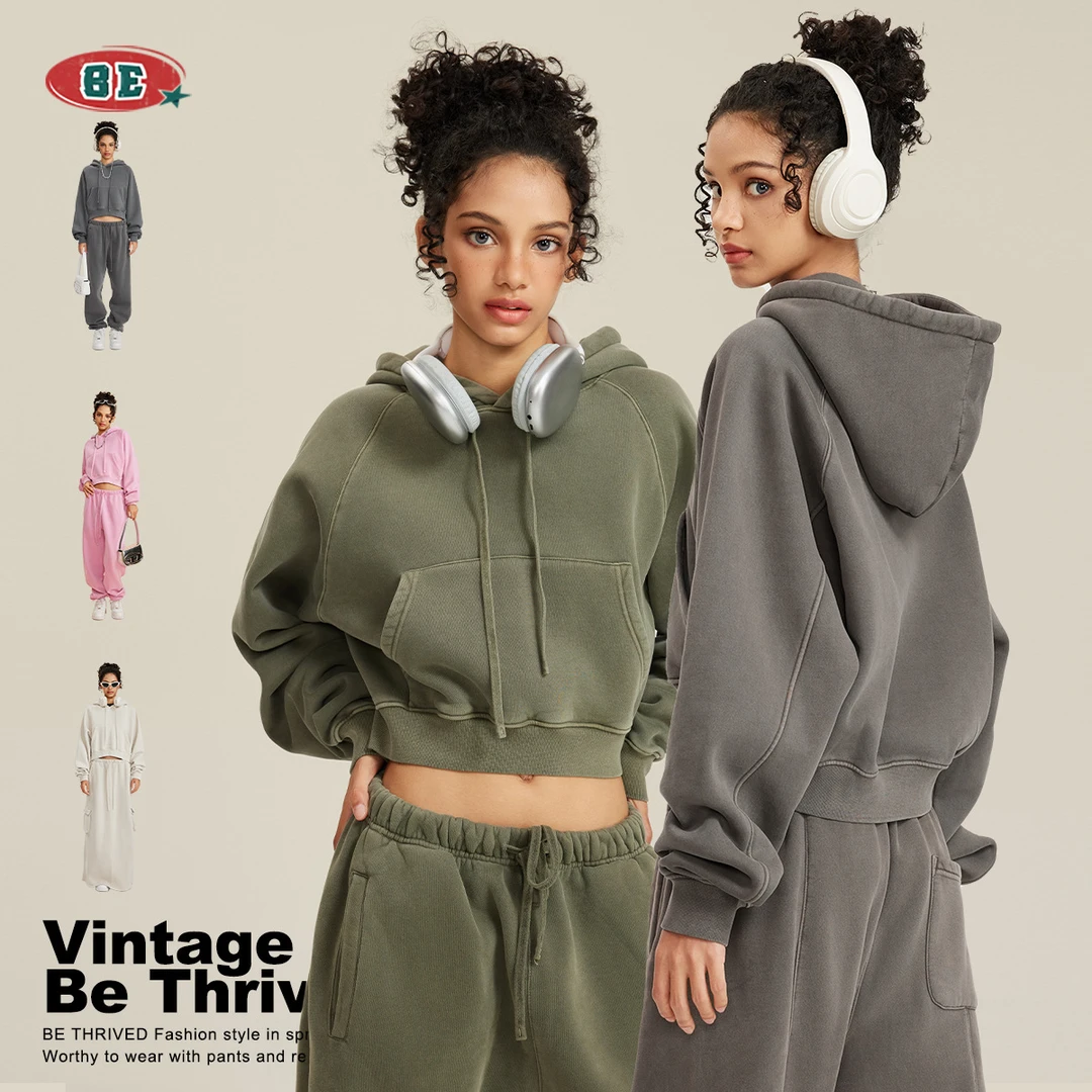 BE女装2025秋冬欧美辣妹插肩复古水洗加绒连帽女卫衣女士短款卫衣