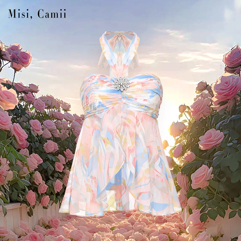 Misi,Camii2025夏季新款女装钻饰印花挂脖抹胸上衣时尚感显瘦百搭