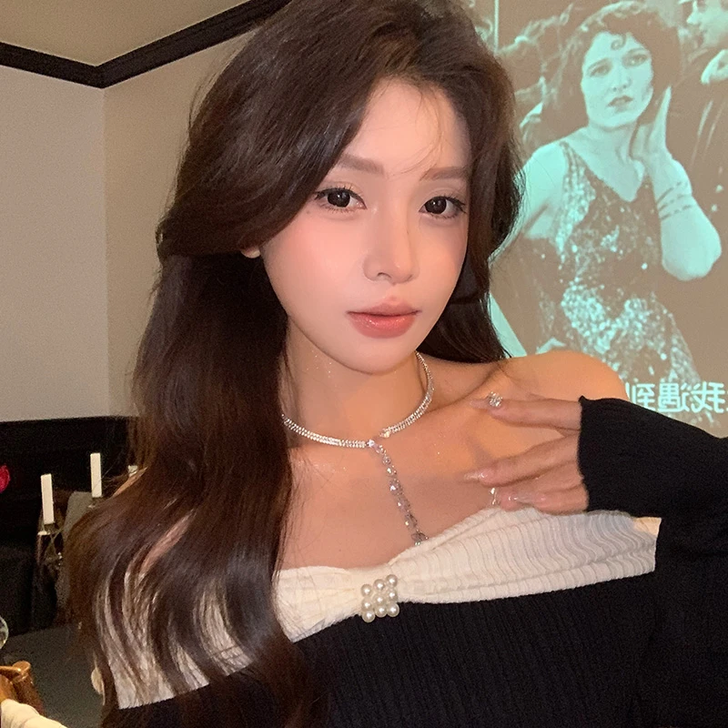 铜合金项链 锆石水滴流苏项圈高级感轻奢满钻开口项链晚宴锁骨链