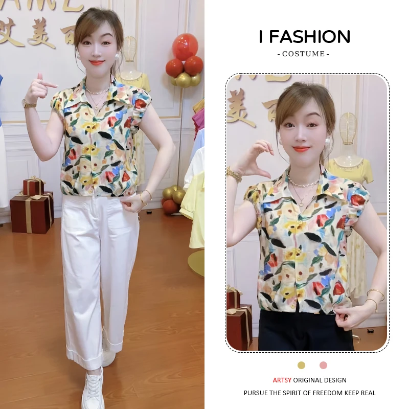 设计感时尚短袖衬衫女2025年夏季新款显瘦港风复古油画印花上衣潮