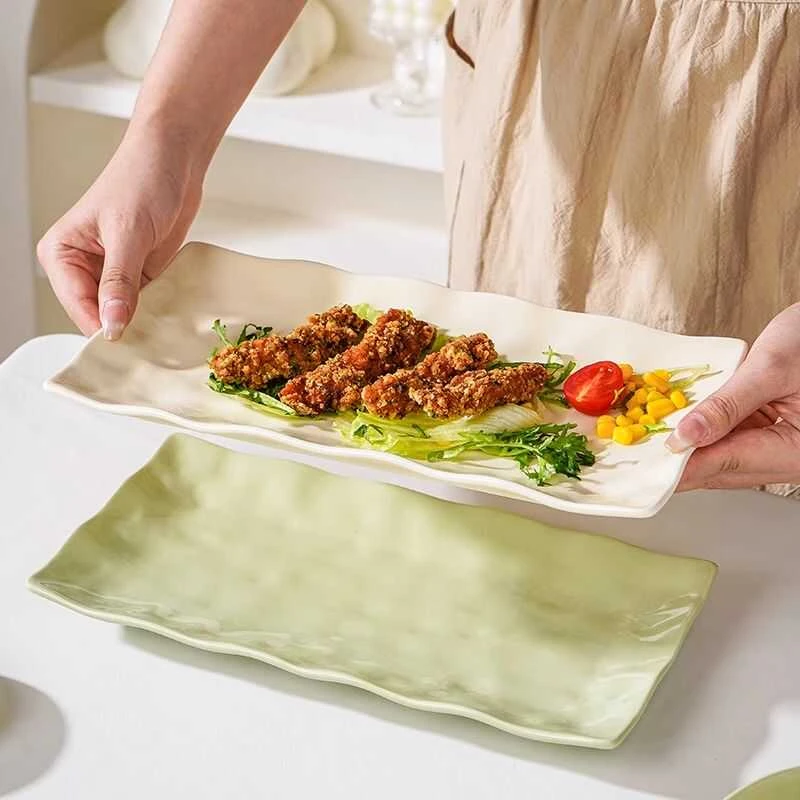 长方盘子家用陶瓷奶油风网红菜盘碟寿司西餐盘大号鱼盘釉下彩餐具