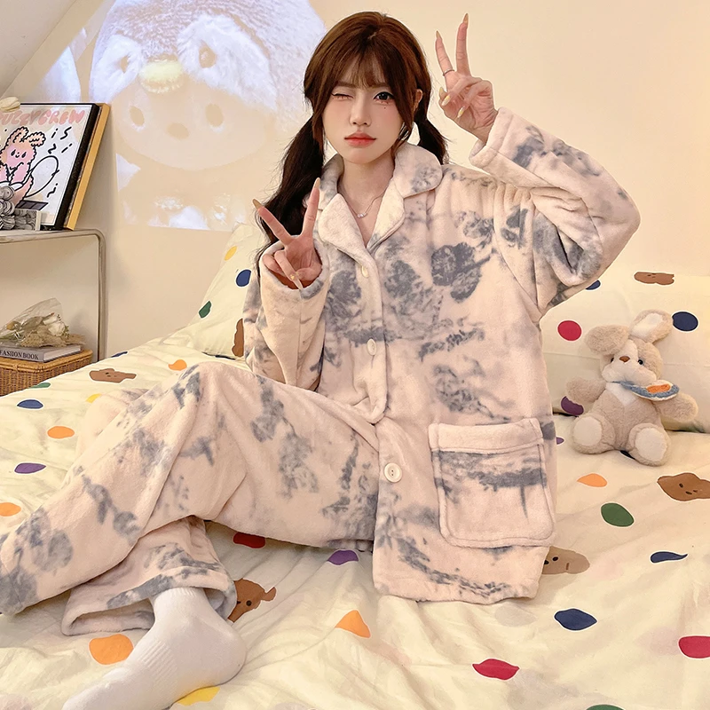 2024冬季国风水墨画女士加绒长袖保暖睡衣舒适加厚套装家居服