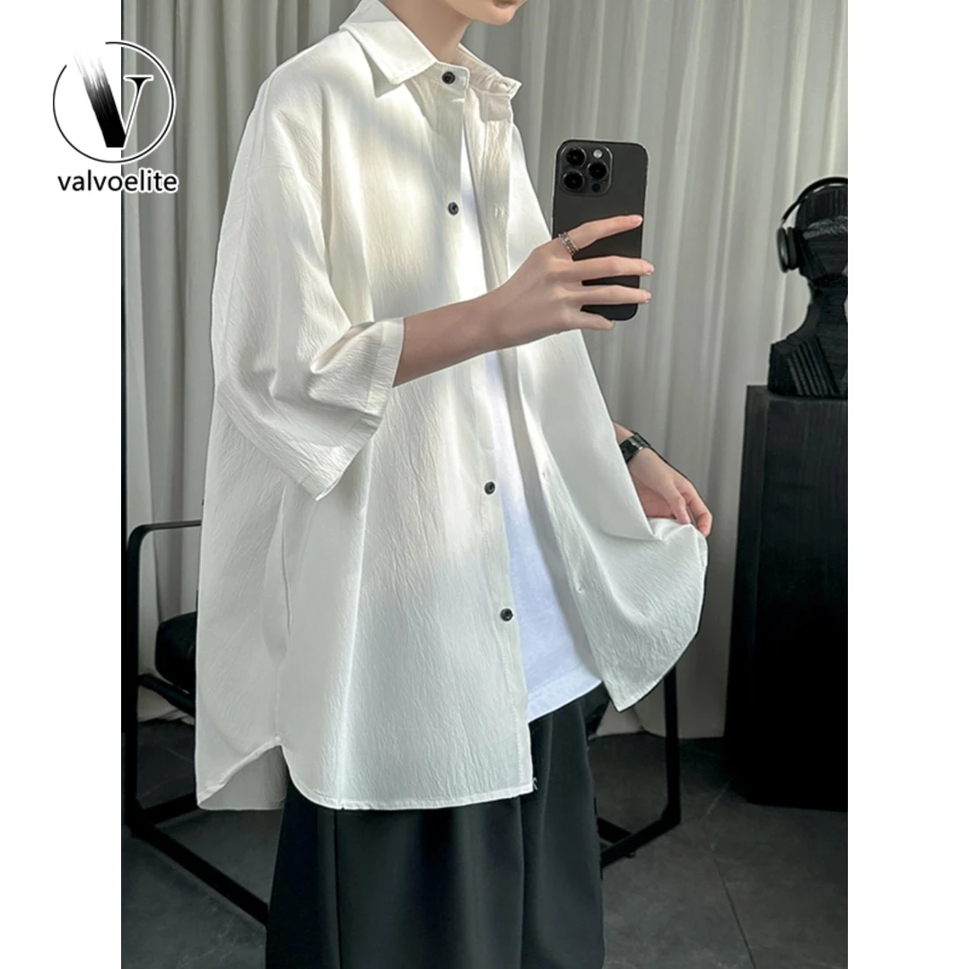 VALVOELITE冰丝衬衫短袖男夏季薄款高级感褶皱休闲七分袖衬衣外套