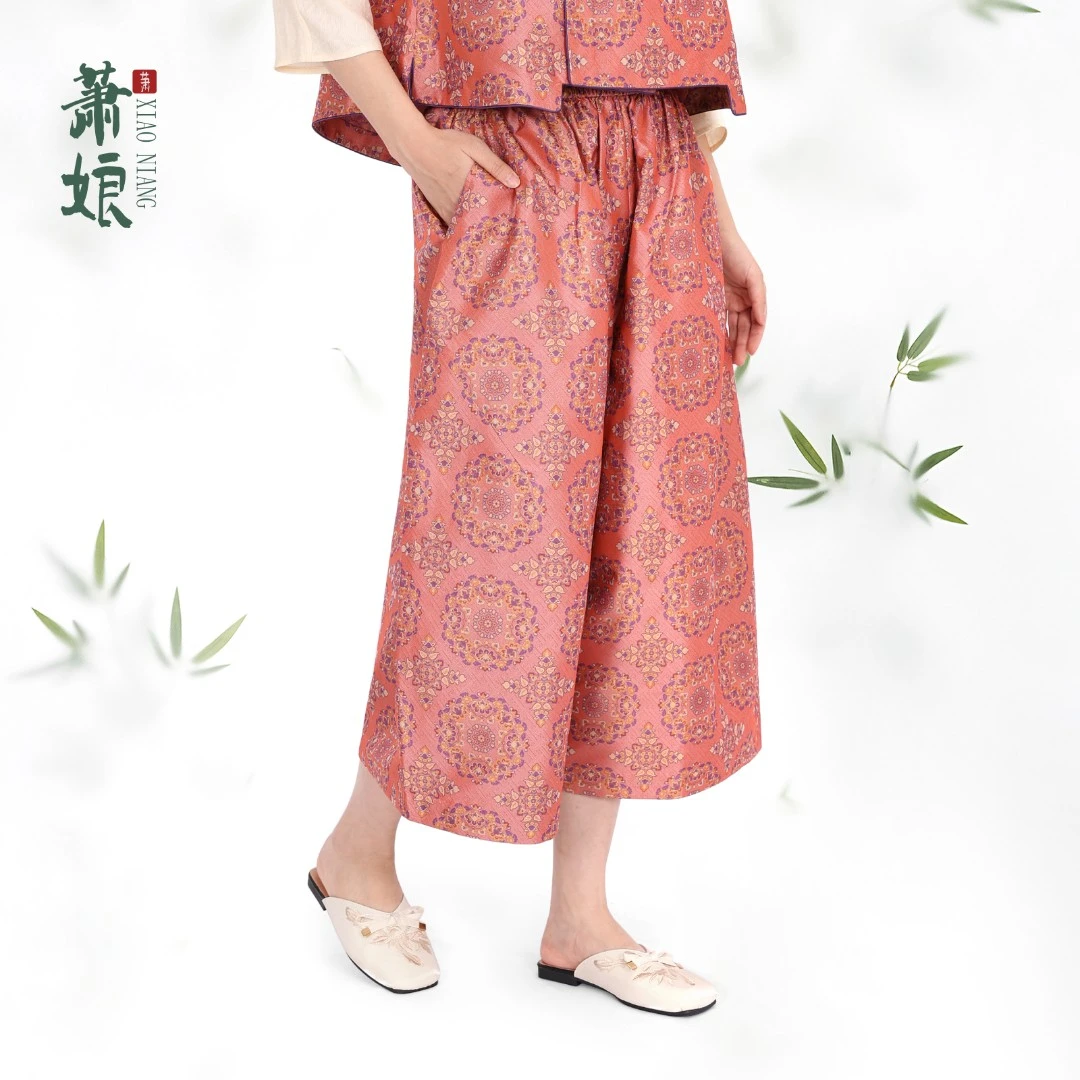 【繁花吉影】汉锦新中式阔腿长裤松紧腰经典百搭宽松女裤2895