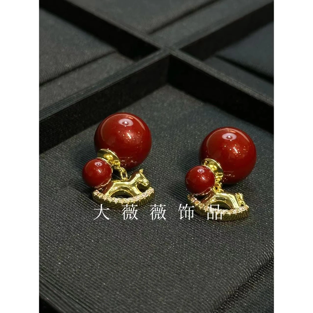铜合金耳饰 小马红色前后戴耳饰-5584