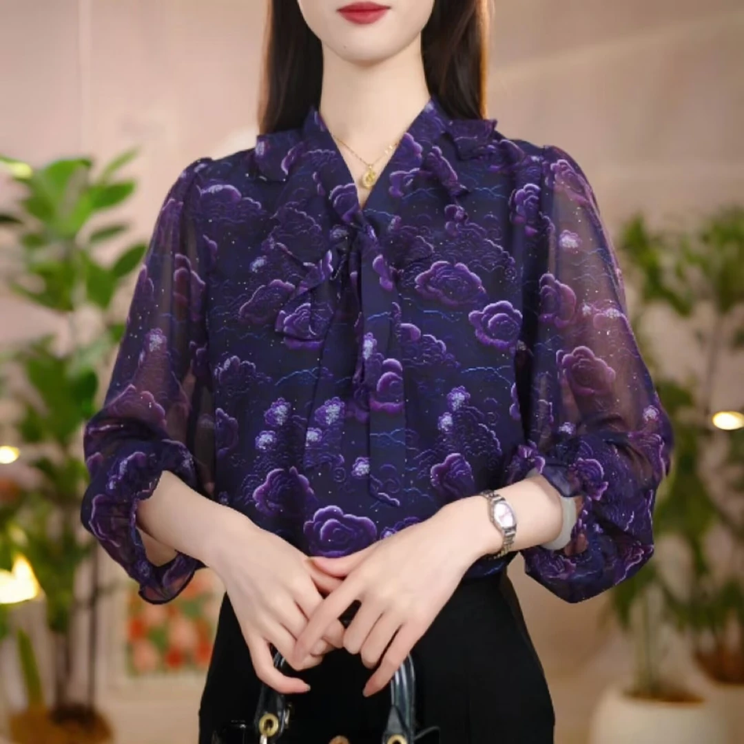 【袖子微透】春夏九分袖薄款绑带冰丝衬衫大码胖mm遮肚宽松防晒