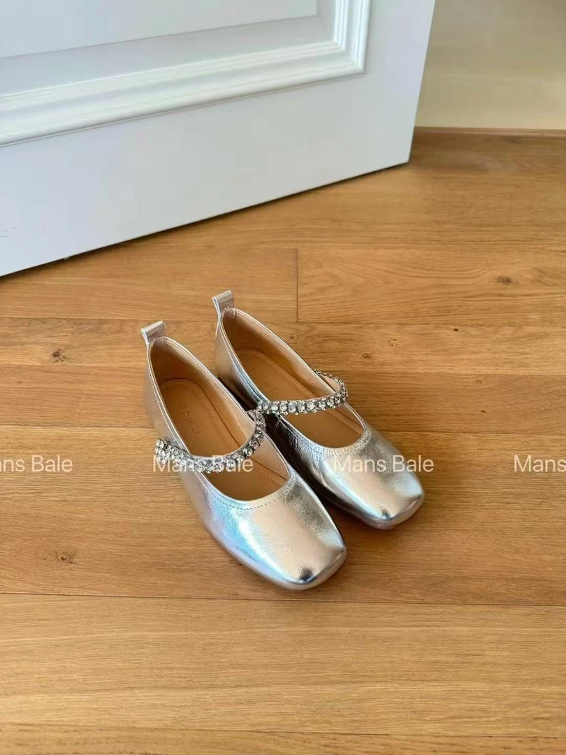 5010-33 方头玛丽珍鞋女水钻一字带浅口平软底气质银色单鞋仙女风