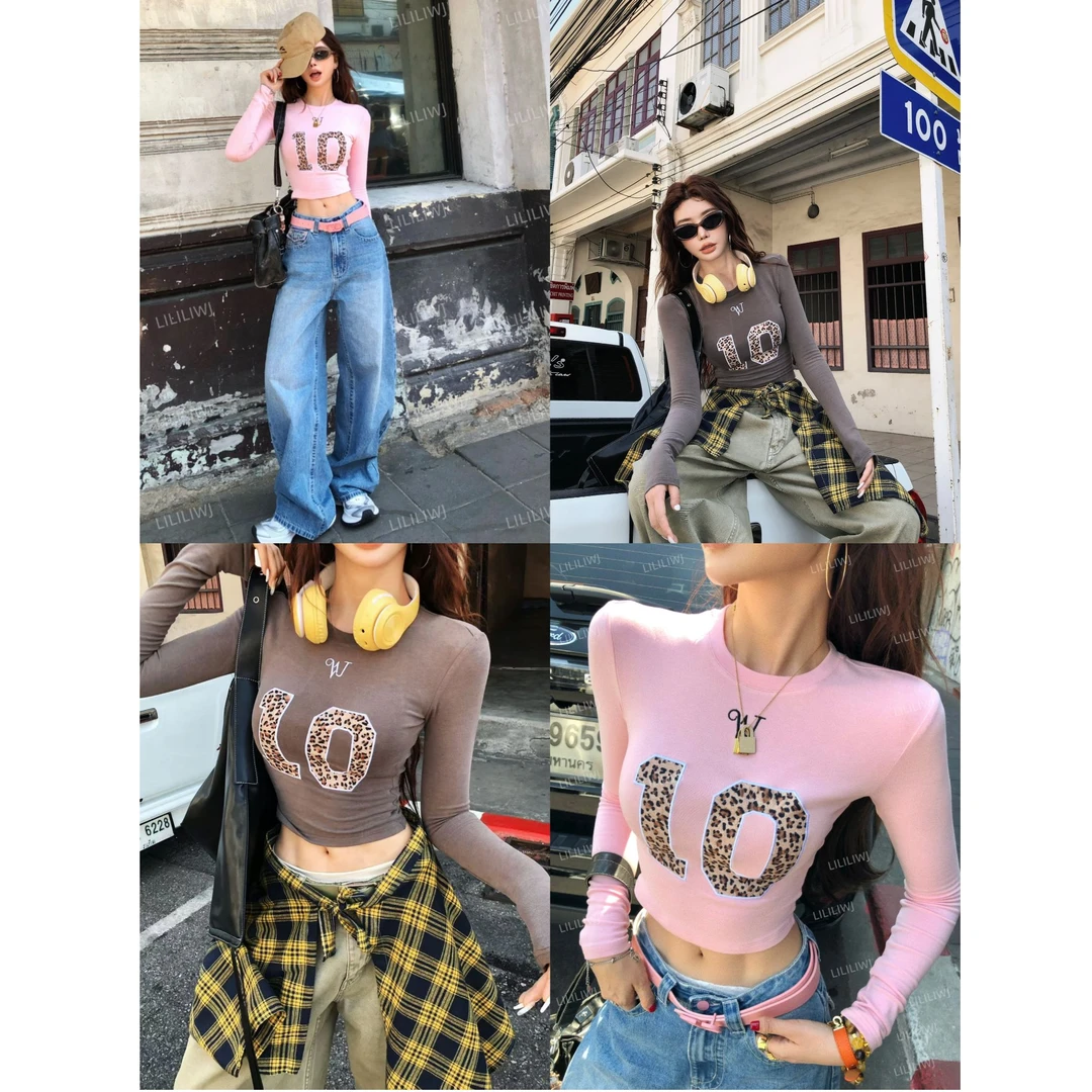 婉君【豹纹10】显瘦设计感长袖短款时尚T恤上衣LWJ25A1T151