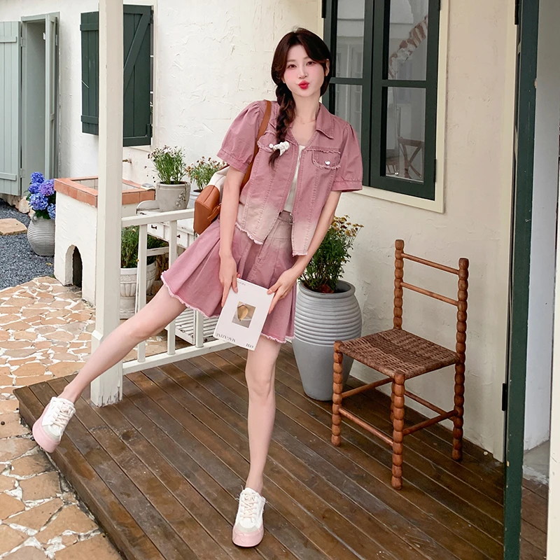 爆款粉色渐变牛仔百褶裙套装女2025夏季新款短袖上衣半身裙两件套