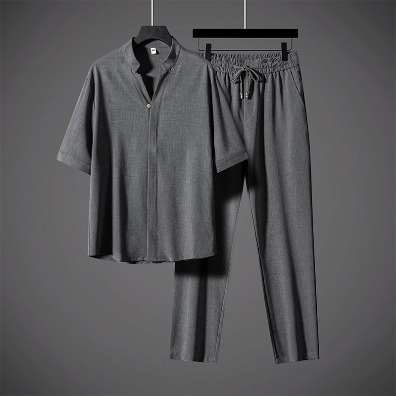 新中式夏季薄款中国风男士唐装短袖复古天丝亚麻轻奢茶服大码套装