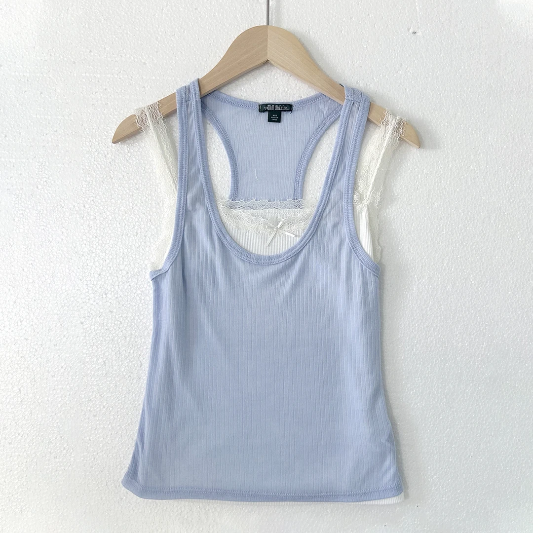 夏季蓝白假两件设计蕾丝花边休闲百搭吊带背心