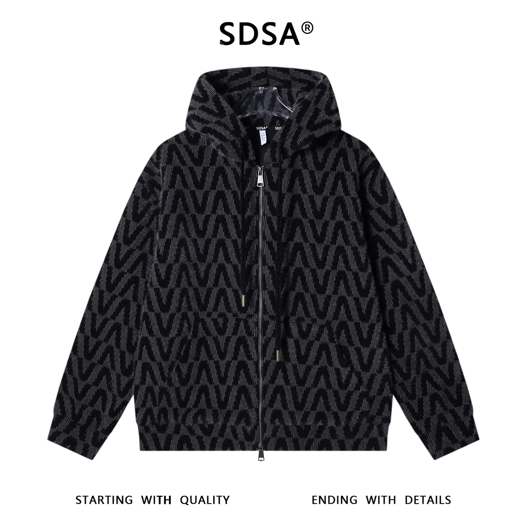 SDSA男士秋冬新款痞帅男装时尚撞色满印字母绒毛拉链连帽卫衣百搭