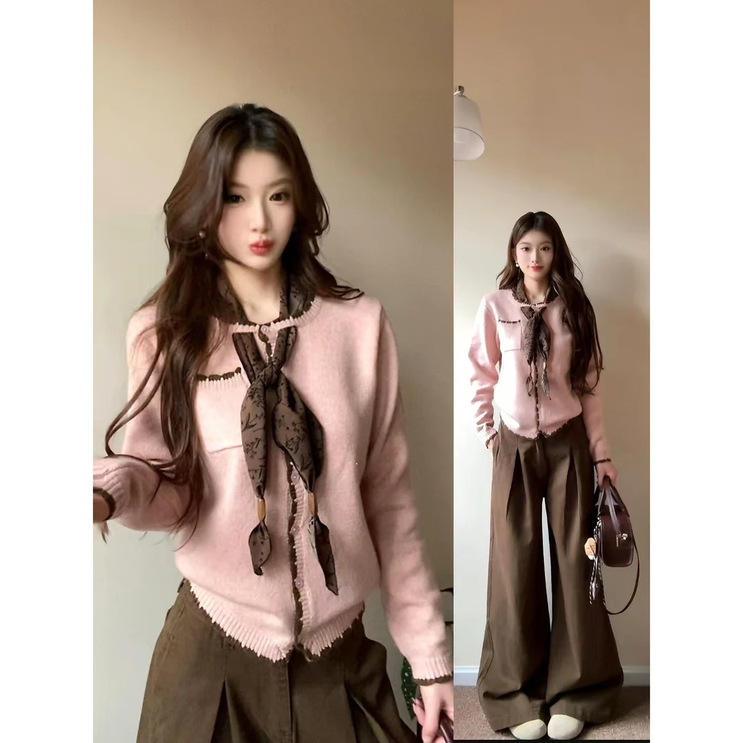 粉色小香风系带针织衫毛衣女冬季加厚设计感小众软糯短款开衫外套