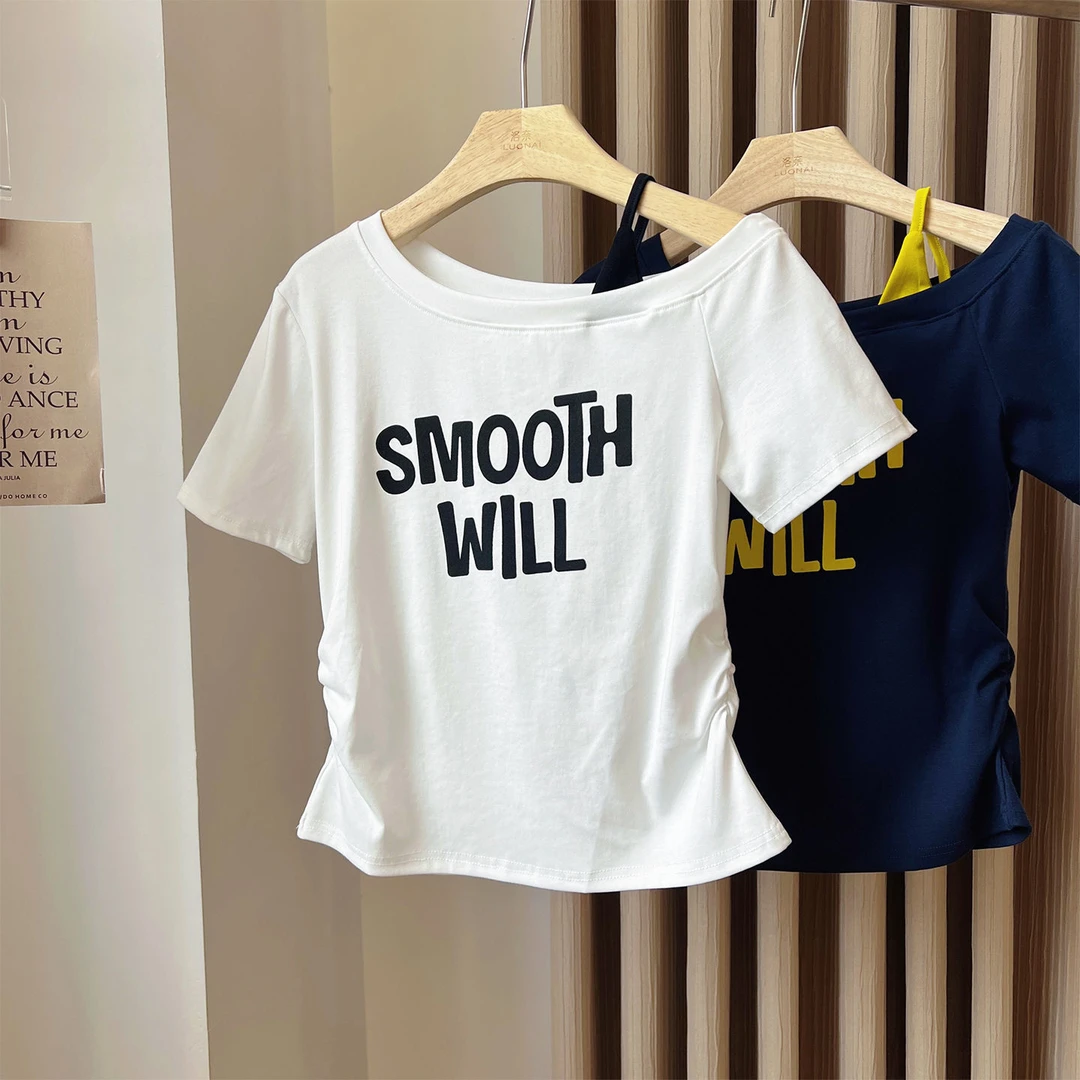 【ZHAP】新款斜肩吊带短袖t恤女露肩藏青色甜辣chic欧美风百搭上衣