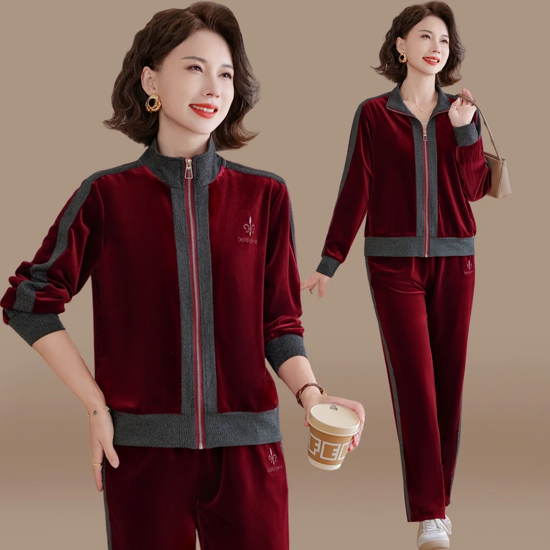 中年妈妈秋装运动服套装休闲金丝绒外套中老年女春秋大码红色上衣