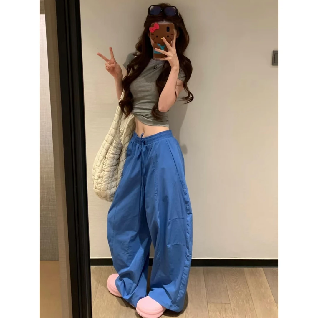 雪千羽克莱因蓝色休闲阔腿长裤女2025春秋新款宽松透气拖地弯刀裤