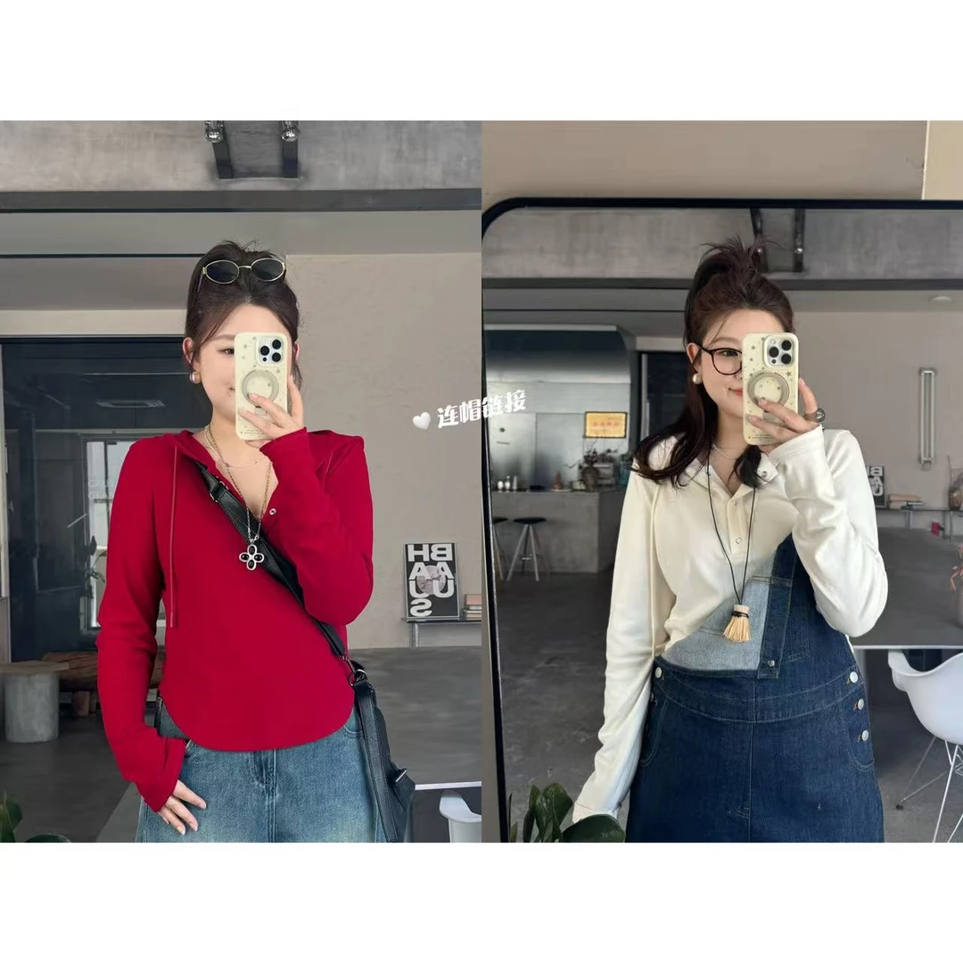 晶咕佳佳【蔷薇手作】连帽下摆U形打底长袖小衫显瘦短款修身百搭