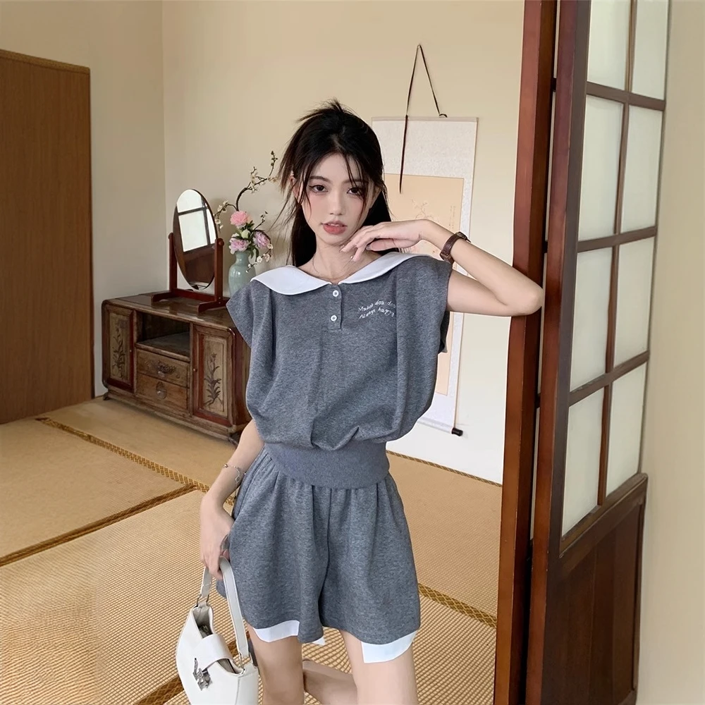韩系灰色运动服夏套装女学院风休闲穿搭盐系甜酷海军领短裤两件套