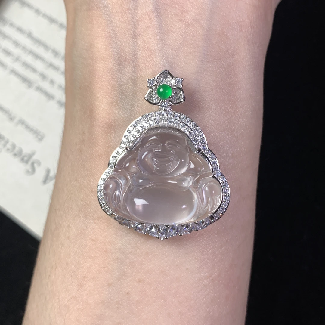 俄料玻璃种高品质翠翠平替 天然石英质玉大肚佛公吊坠 精质轻奢女