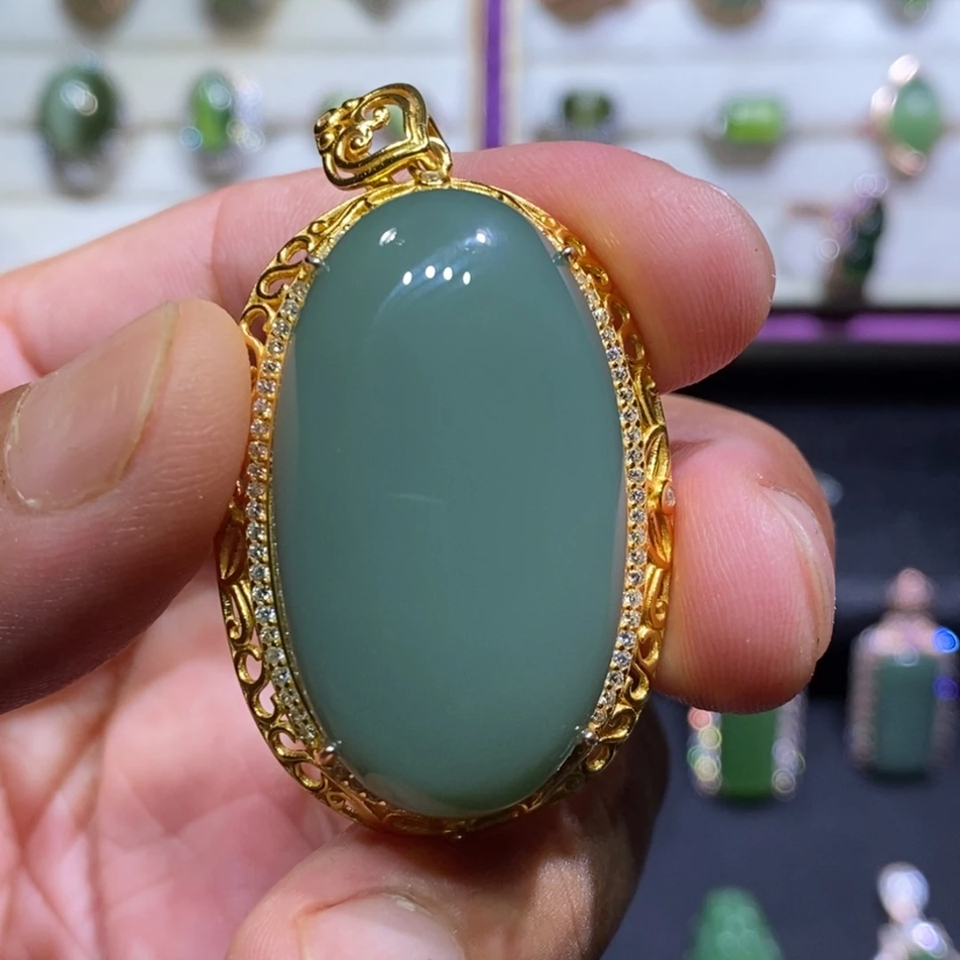 和田玉（碧玉）银S925镶嵌吊坠(不含链)