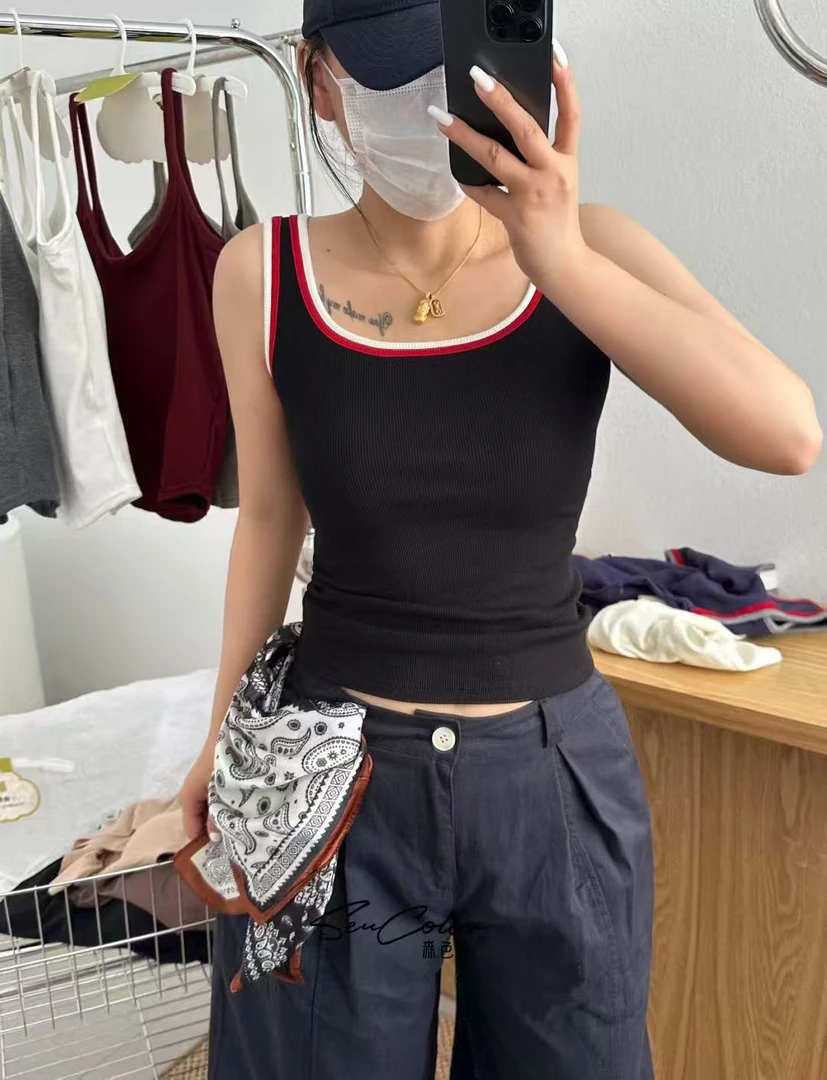 新款撞色螺纹吊带背心5018