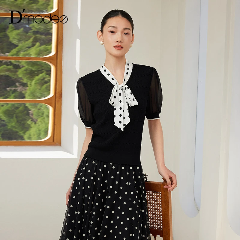 商场同款黛玛诗2025夏季新款复古波点飘带领短袖T恤套头衫女