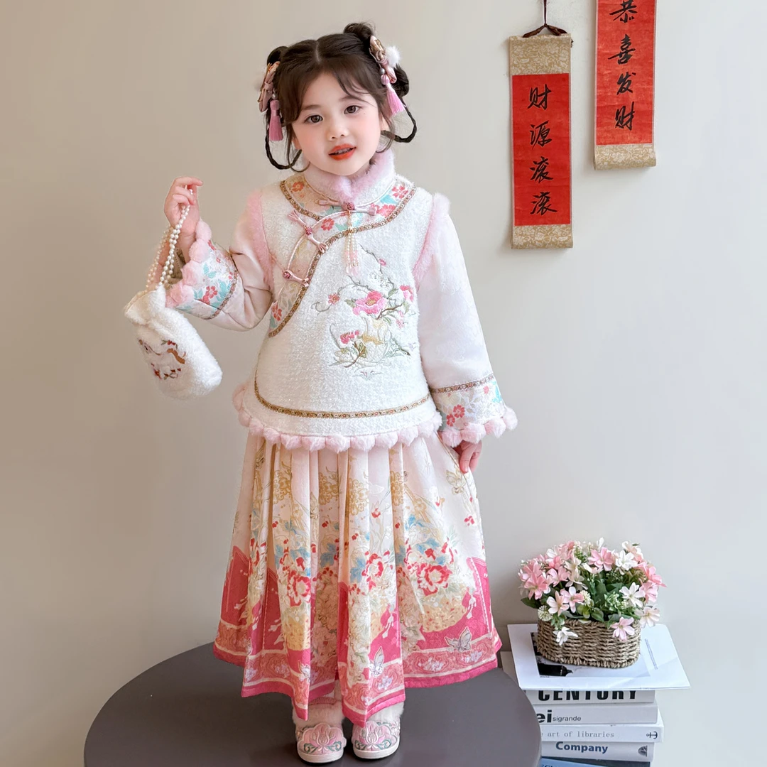 女童拜年服冬装中国风儿童加绒马面裙套装冬季新中式宝宝过年衣服
