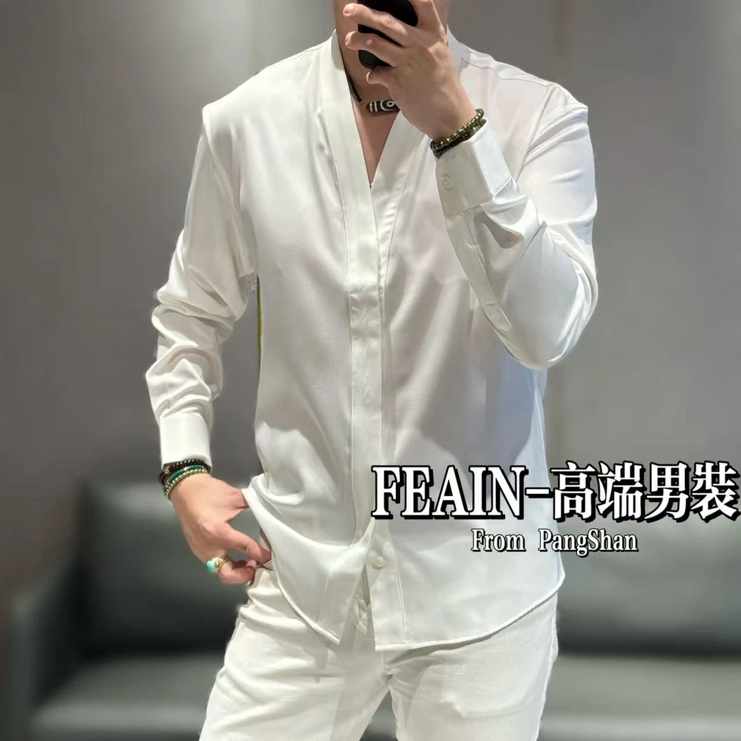 高端男士马吉拉领设计风格简约老钱风男士长袖春款衬衫6003