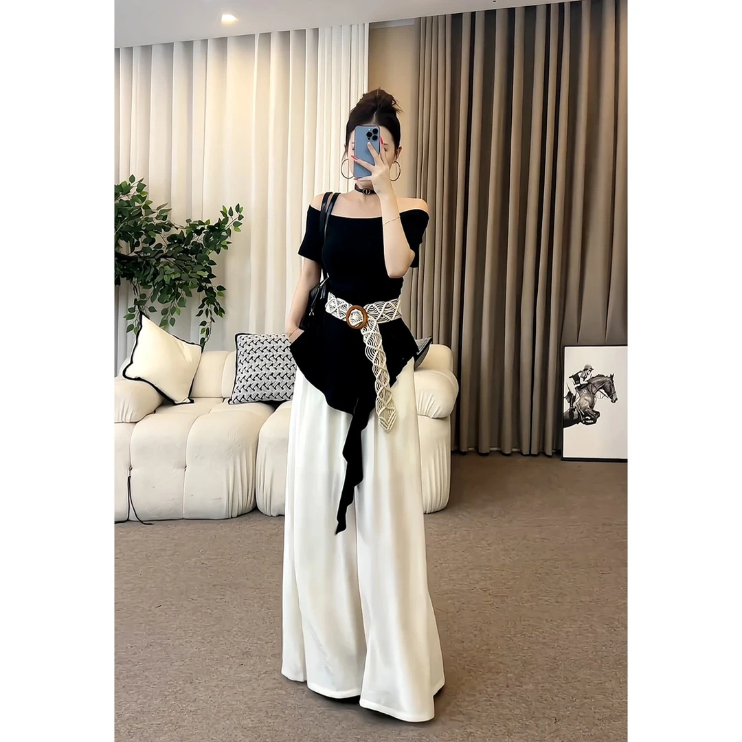 M186夏季新款时尚百搭一字肩不规则短袖T恤+高腰休闲阔腿裤两件套